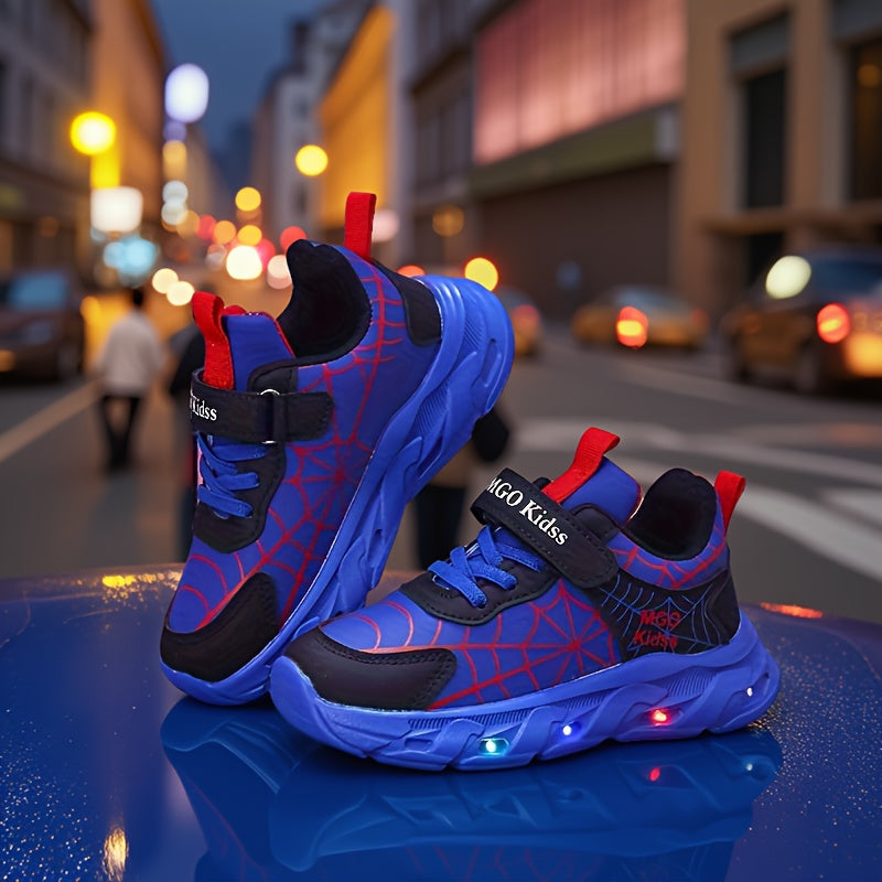 Boys' Light-Up Sneakers with Spiderweb Graphics and an Instep Strap in Red, Black or Blue for Playtime