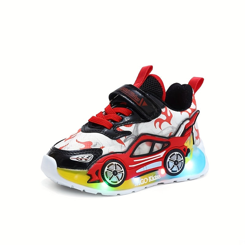 Kids Sneakers with Light-Up Car-Shaped Side Details and Front Straps in Red or Blue for Everyday Play
