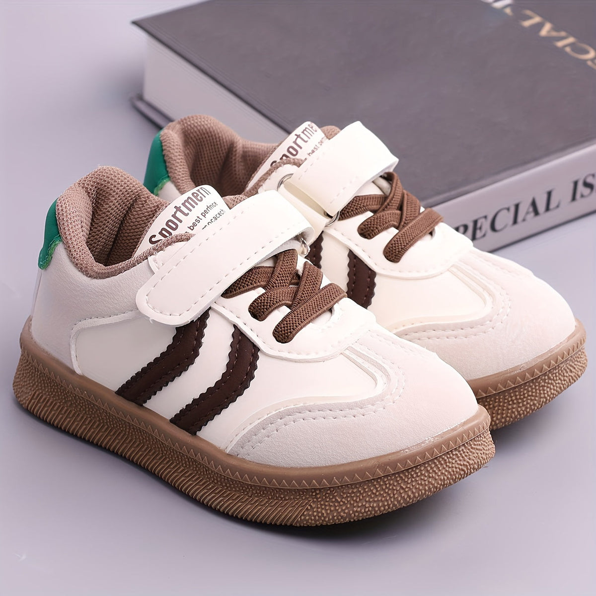 Toddler Striped Sneakers with Hook-and-Loop Top Straps and Tan Soles for Everyday Casual Outfits