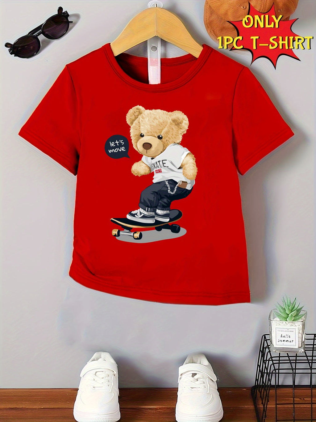 Boys' Skateboarding Bear T-Shirt in Red with a Cartoon Front Graphic and Short Sleeves for Summer