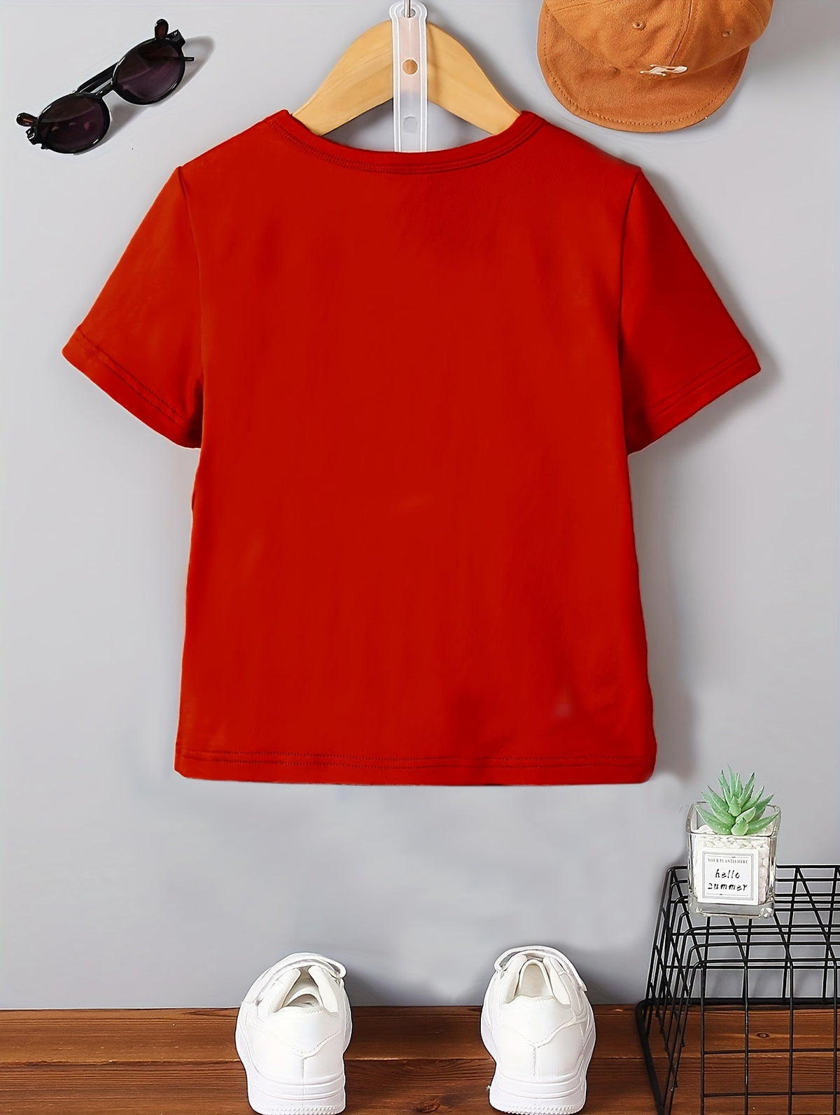 Boys' Skateboarding Bear T-Shirt in Red with a Cartoon Front Graphic and Short Sleeves for Summer