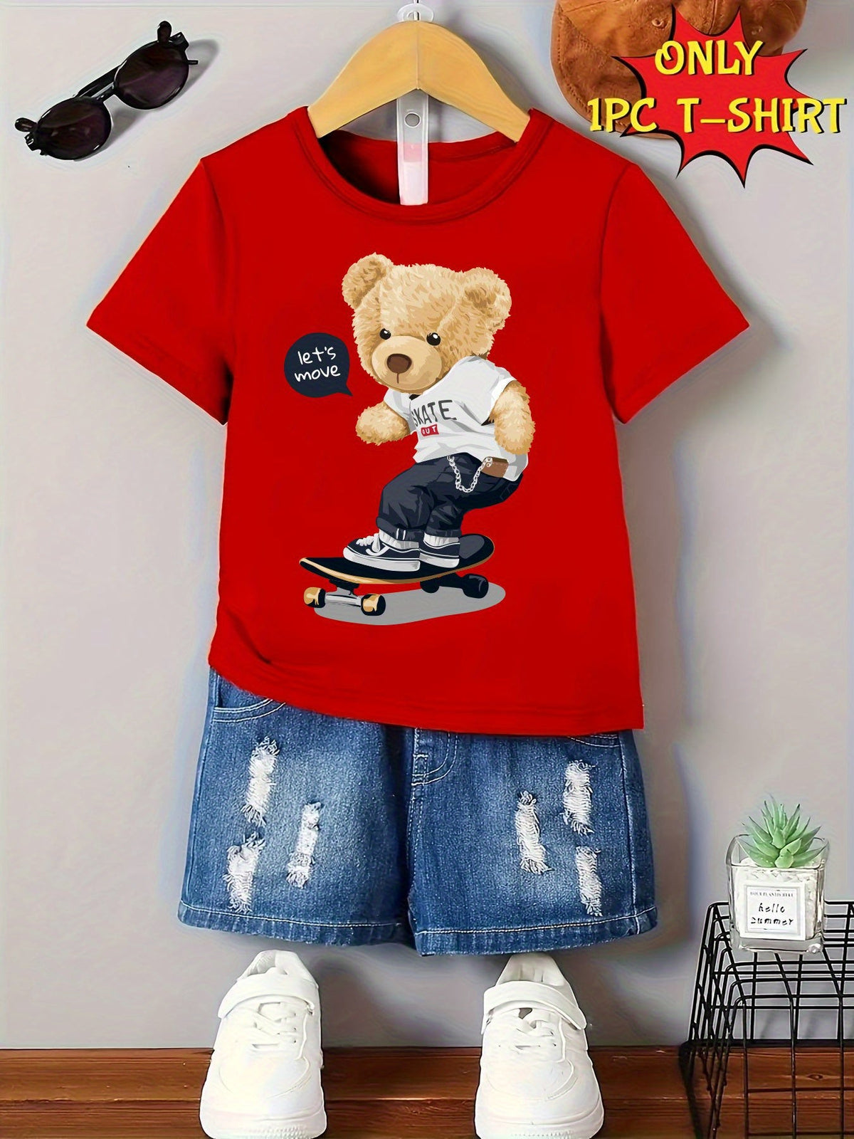 Boys' Skateboarding Bear T-Shirt in Red with a Cartoon Front Graphic and Short Sleeves for Summer