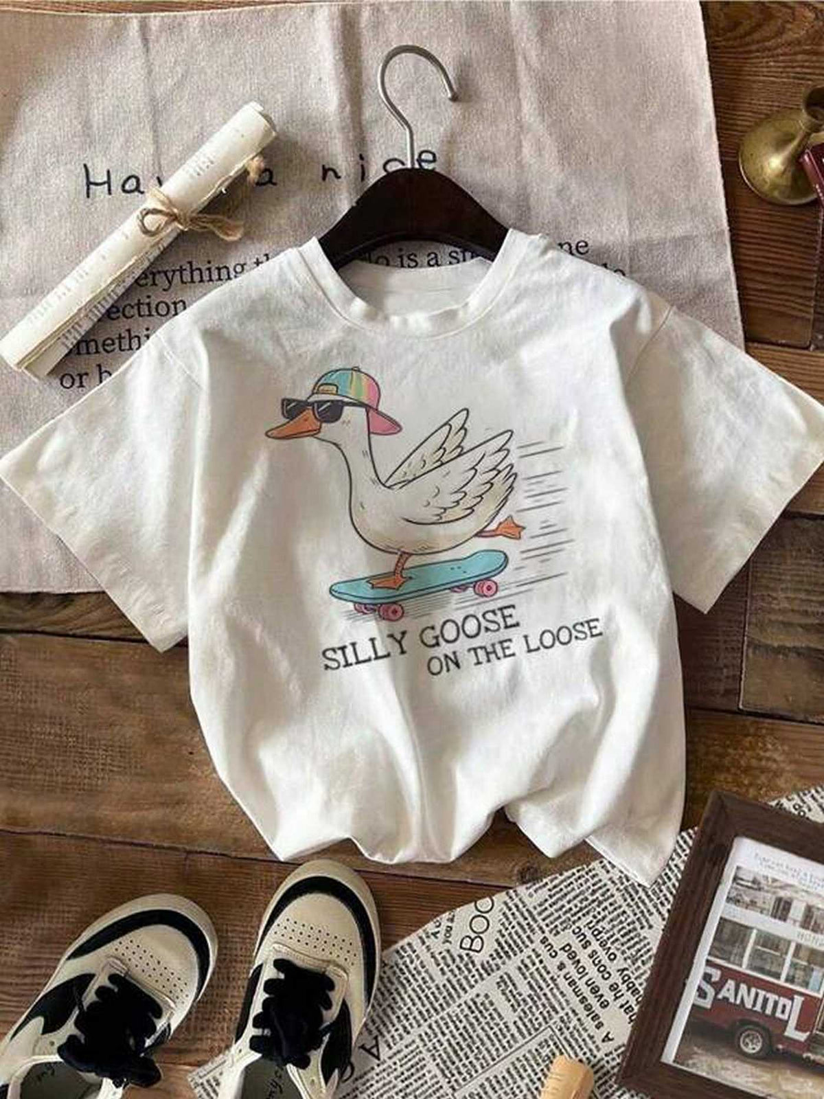 Boys' Silly Goose Skateboard T-Shirt in White with Short Sleeves and a Round Neck for Casual Summer Wear
