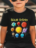 Boys' Solar System Cotton T-Shirt in Black with Colorful Cartoon Planets for Everyday Space-Themed Outfits