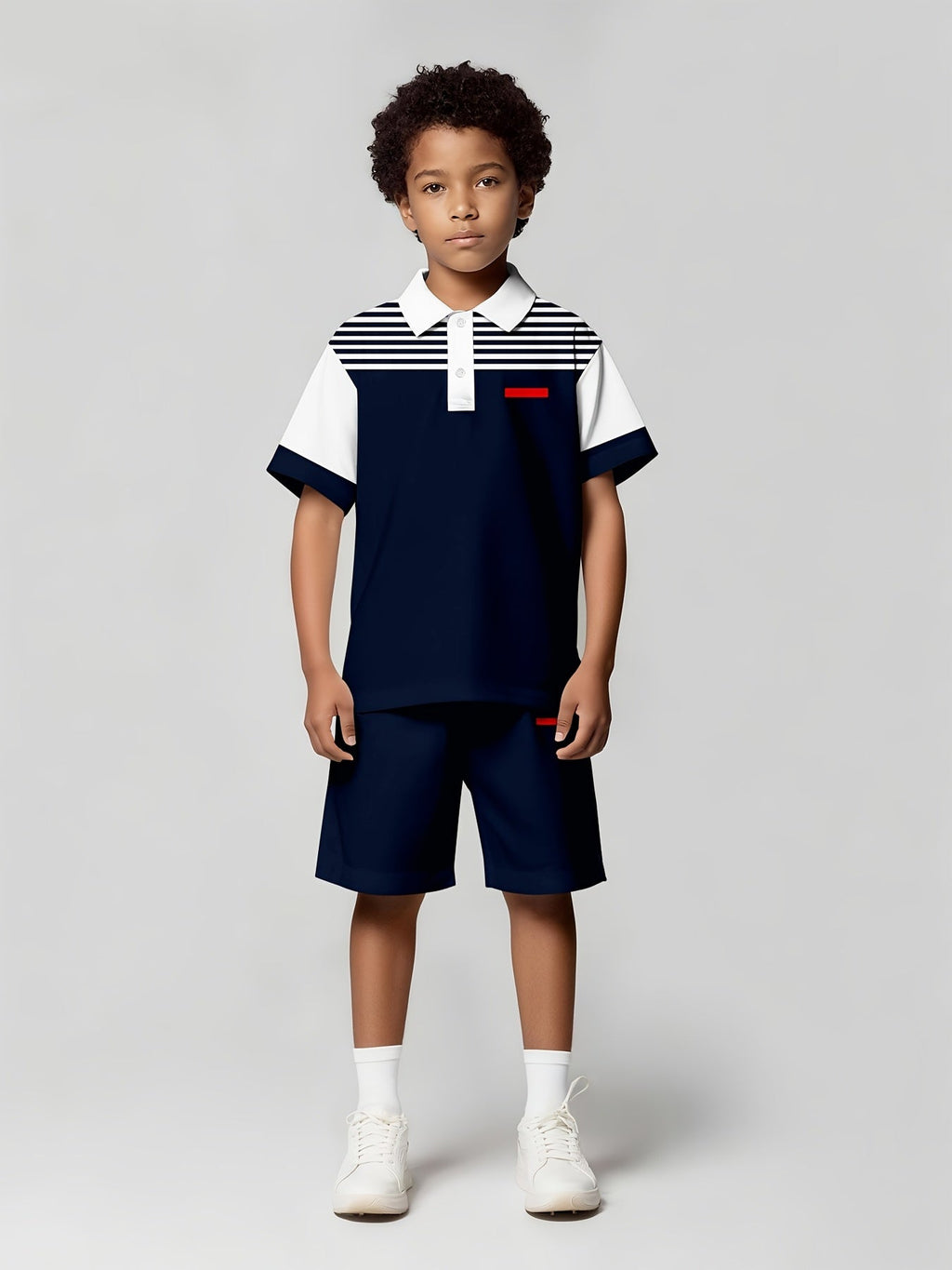 Boys' Striped Polo Outfit Set with a Navy and White Short Sleeve Shirt and Matching Shorts for Summer