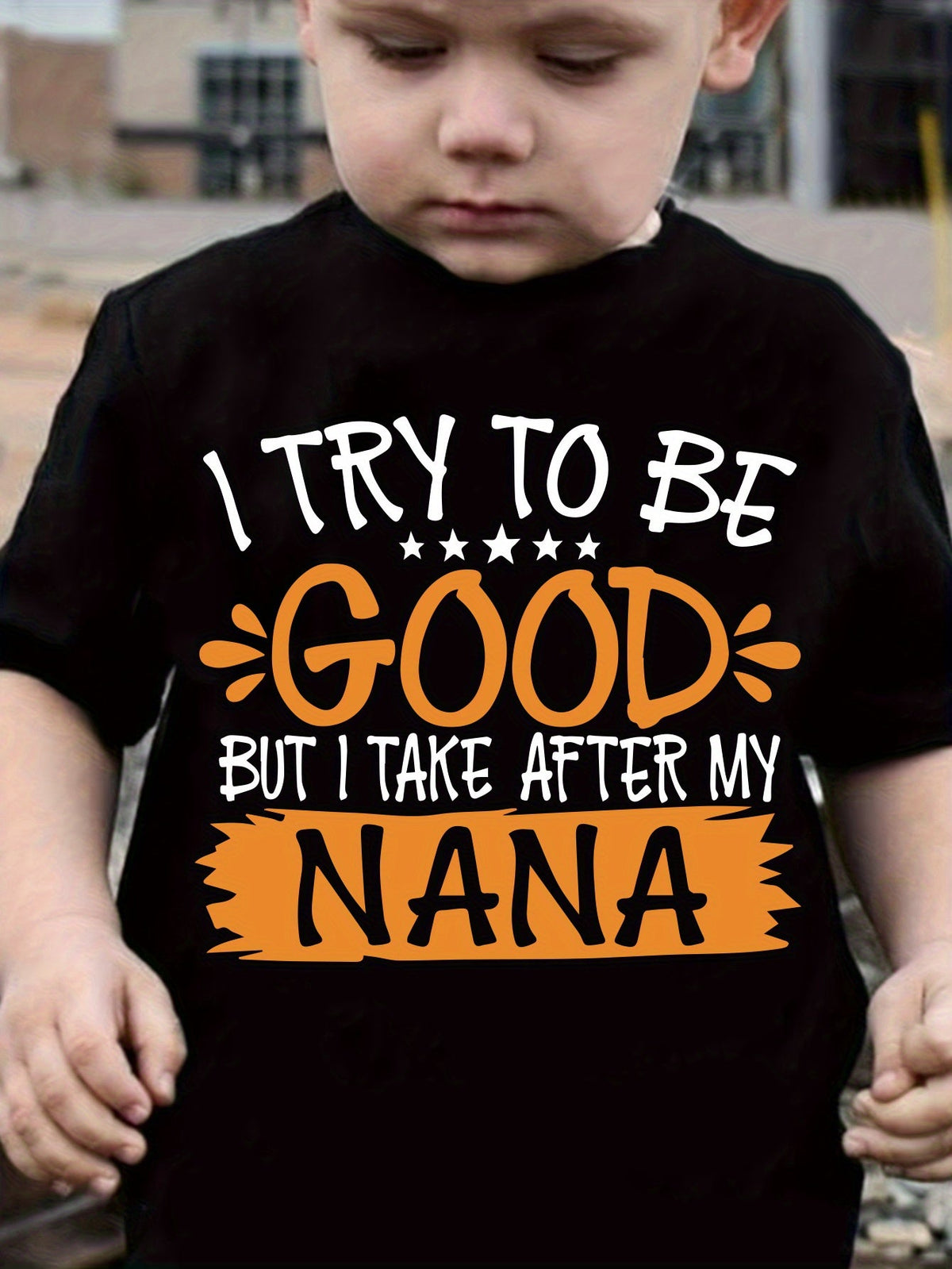 Boys' I Take After My Nana Graphic T-Shirt in Black with Orange Lettering for Casual Everyday Outfits