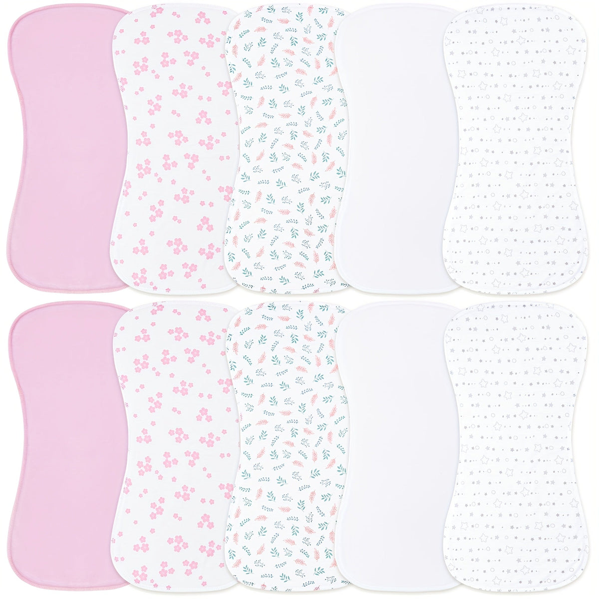 Baby Burp Cloths 10-Pack in Mixed Floral and Animal Prints with Curved Edges for Everyday Shoulder Coverage