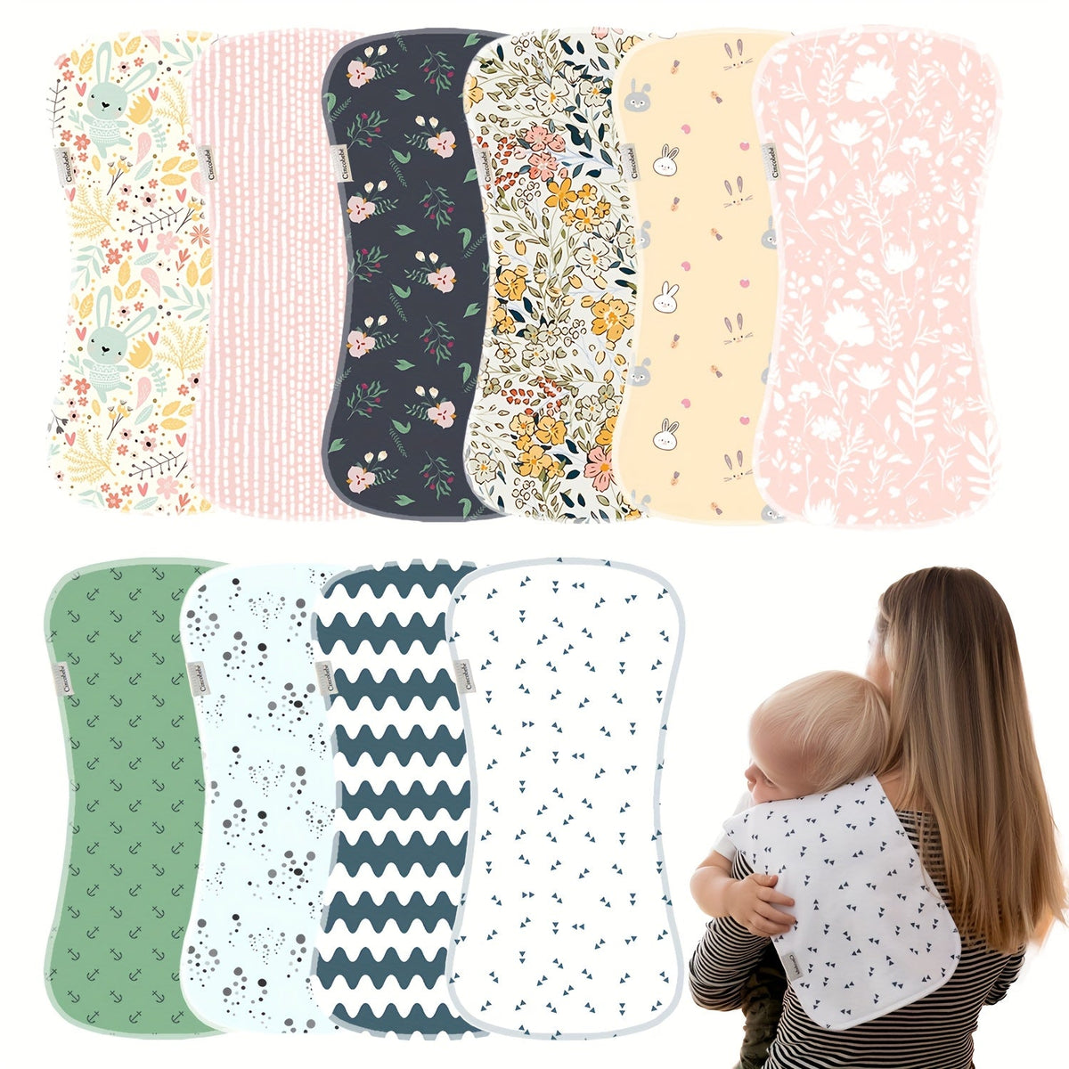 Baby Printed Burp Cloths 5-Pack with Contoured Edges and Mixed Patterns for Everyday Feeding and Shoulder Use