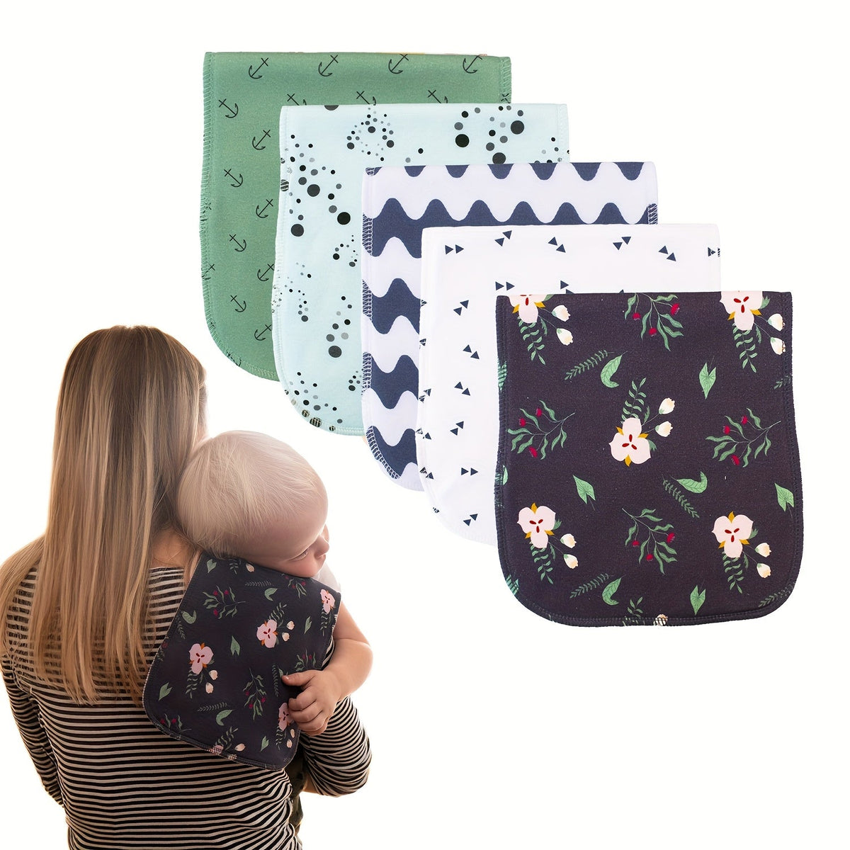 Baby Printed Burp Cloths 5-Pack with Contoured Edges and Mixed Patterns for Everyday Feeding and Shoulder Use