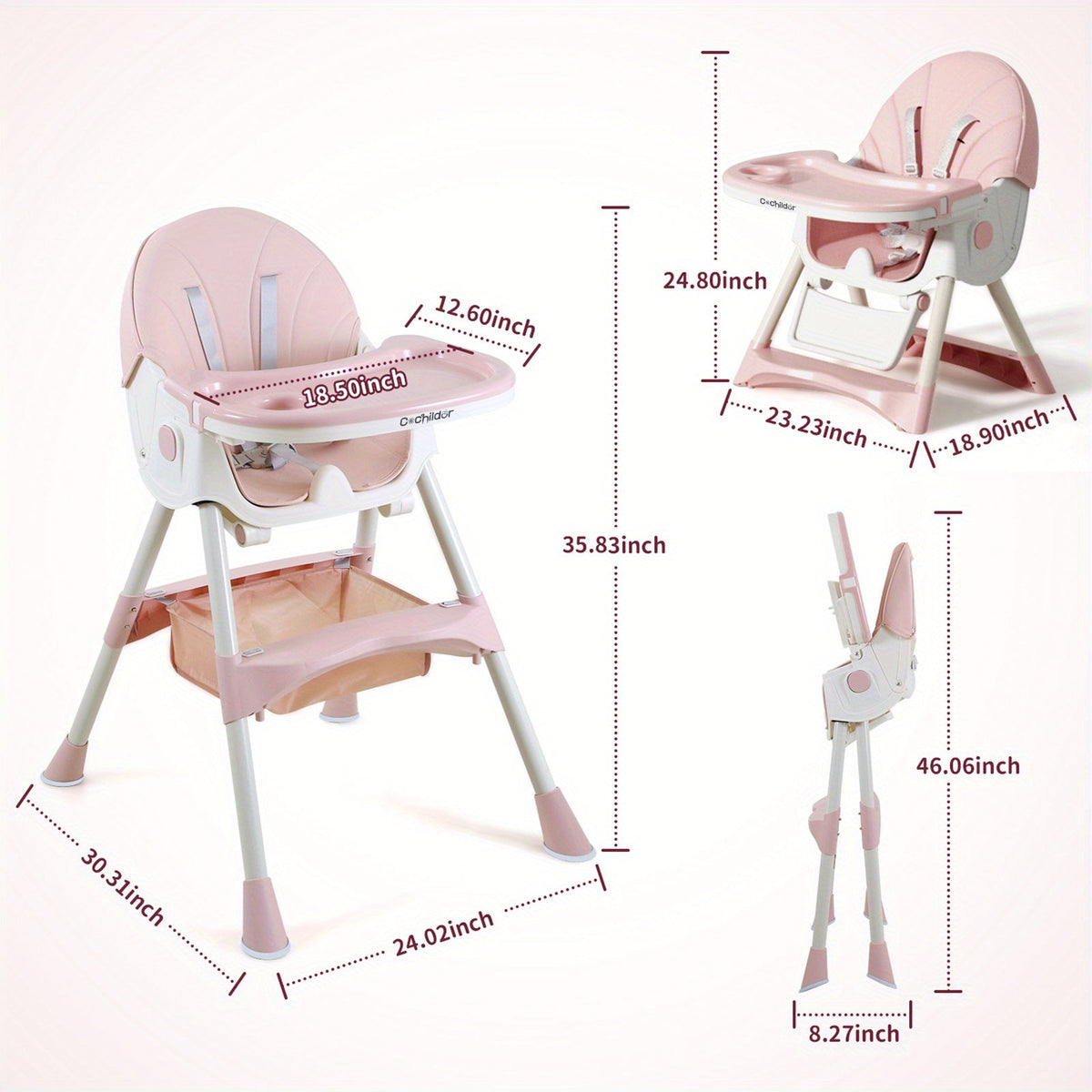 Folding Baby High Chair with an Adjustable Backrest and Feeding Tray for Supervised Mealtimes