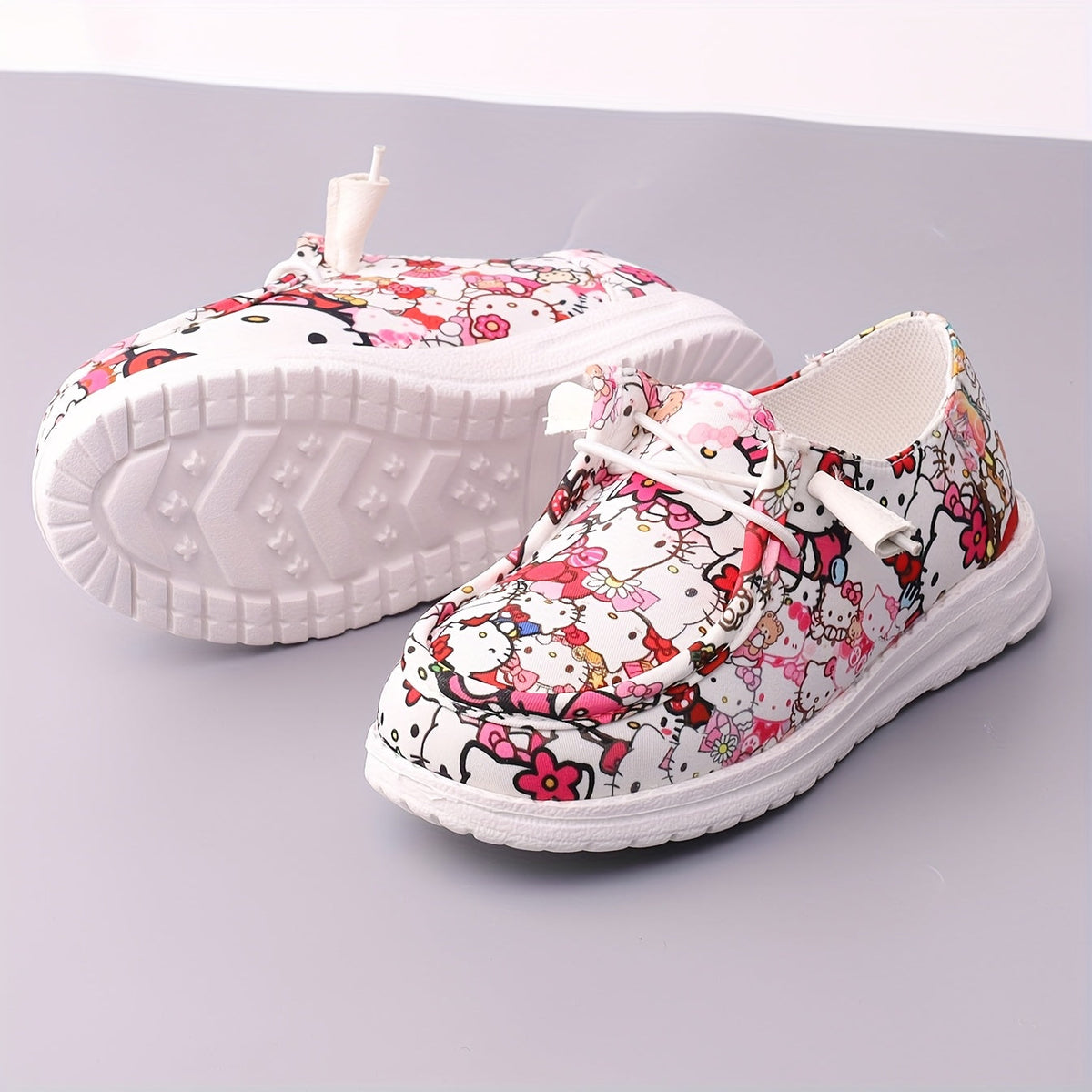 Girls' Casual Loafers in Cartoon Cat Prints with Elastic Laces and Side Openings for Colorful Outfits