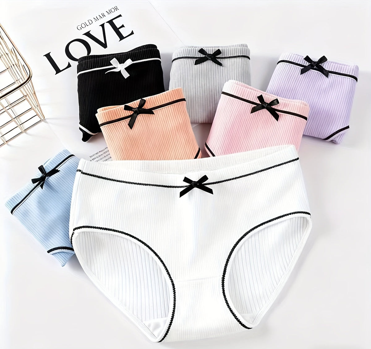 Girls' Ribbed Bow Briefs in a Twelve Piece Mixed Color Pack with Contrast Trim for Daily Underwear