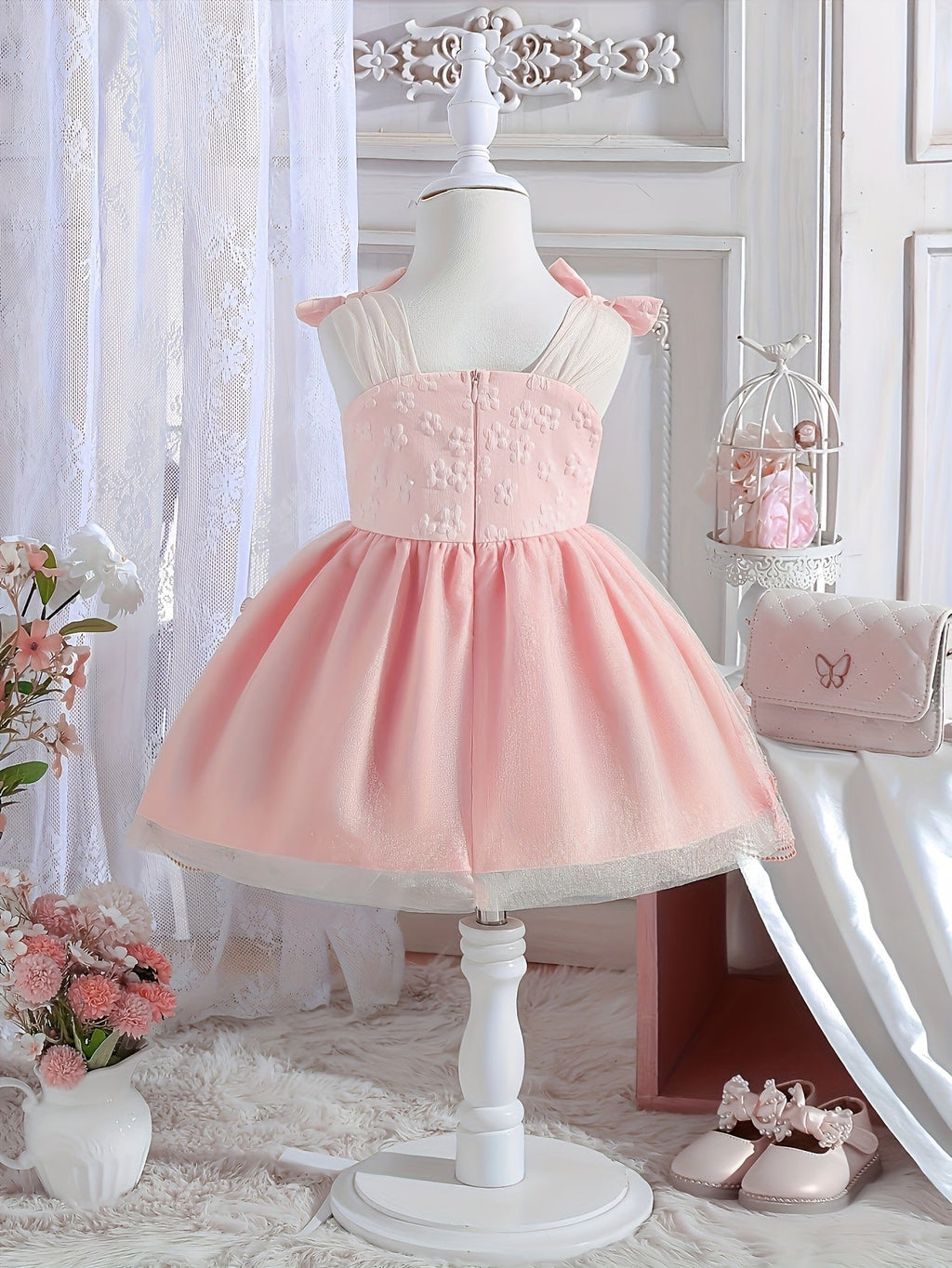 Girls' Sleeveless Party Dress with Shoulder Bows and Floral Mesh Skirt for Weddings and Celebrations