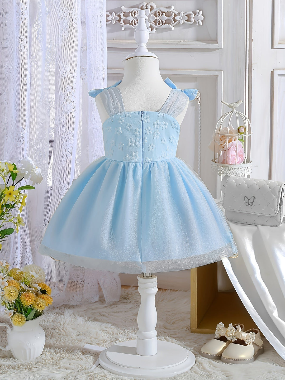 Girls' Sleeveless Party Dress with Shoulder Bows and Floral Mesh Skirt for Weddings and Celebrations