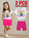 Girls' Wild Child Graphic T-Shirt and Shorts Set in Cotton with Rainbow Lettering and Pink Shorts