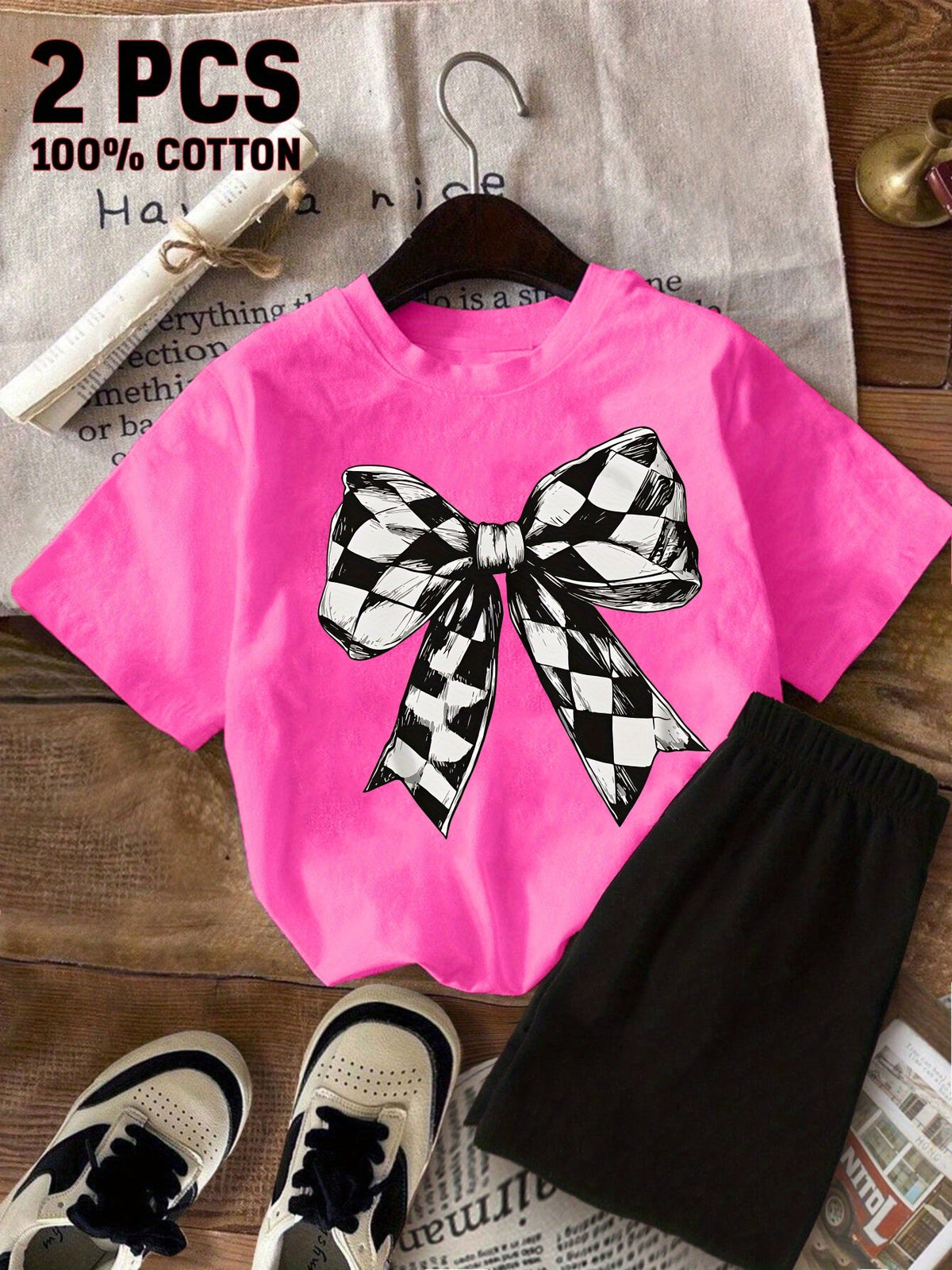 Girls' Pink Checkerboard Bow T-Shirt and Black Shorts Set, Two Cotton Pieces for Summer Casual Wear