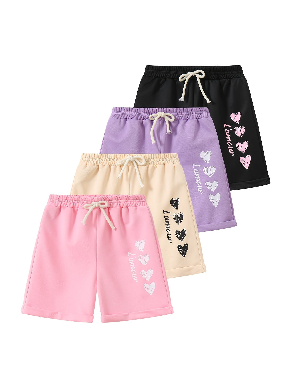 Girls' Heart Print Shorts 4-Pack with Bow Front Detail and Mixed Colors for Spring and Summer Outfits