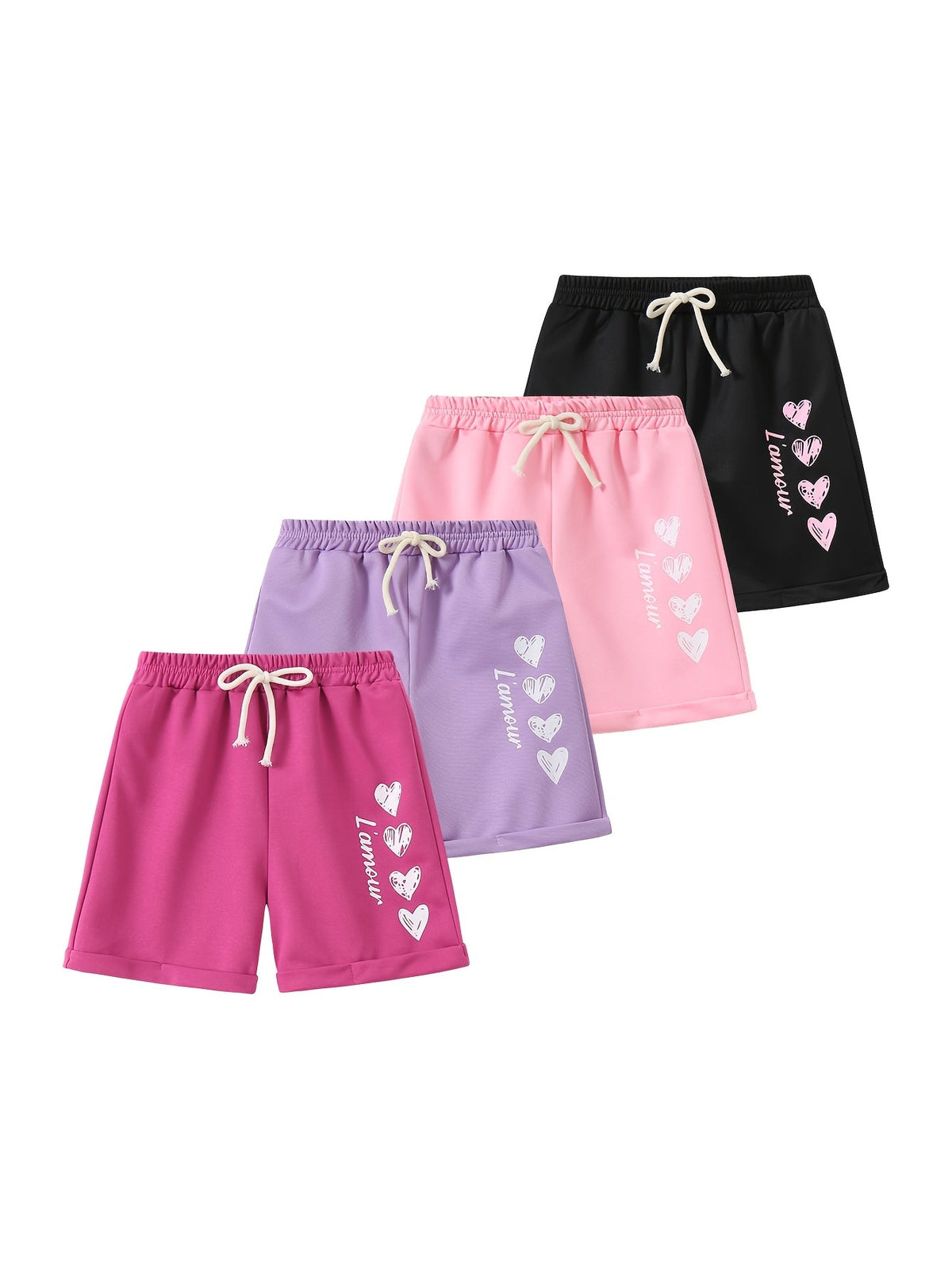 Girls' Heart Print Shorts 4-Pack with Bow Front Detail and Mixed Colors for Spring and Summer Outfits