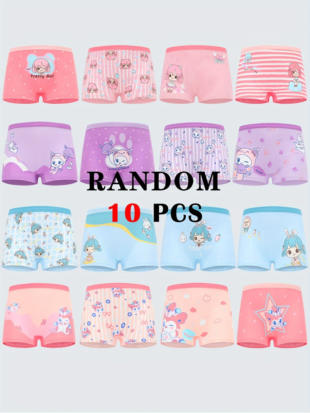 Girls' Ten-Pack Cotton Boxer Briefs in Random Cartoon Prints with Contrast Waistbands for Daily Changes