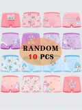 Girls' Ten-Pack Cotton Boxer Briefs in Random Cartoon Prints with Contrast Waistbands for Daily Changes