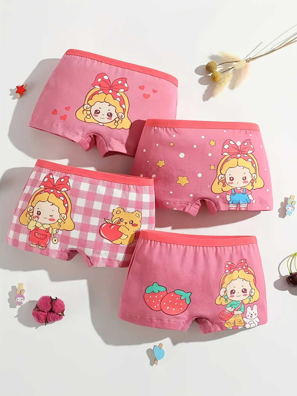 Girls' Cartoon Boxer Briefs Twelve Pack in Random Mixed Colors with Girl and Animal Prints for Daily Changes