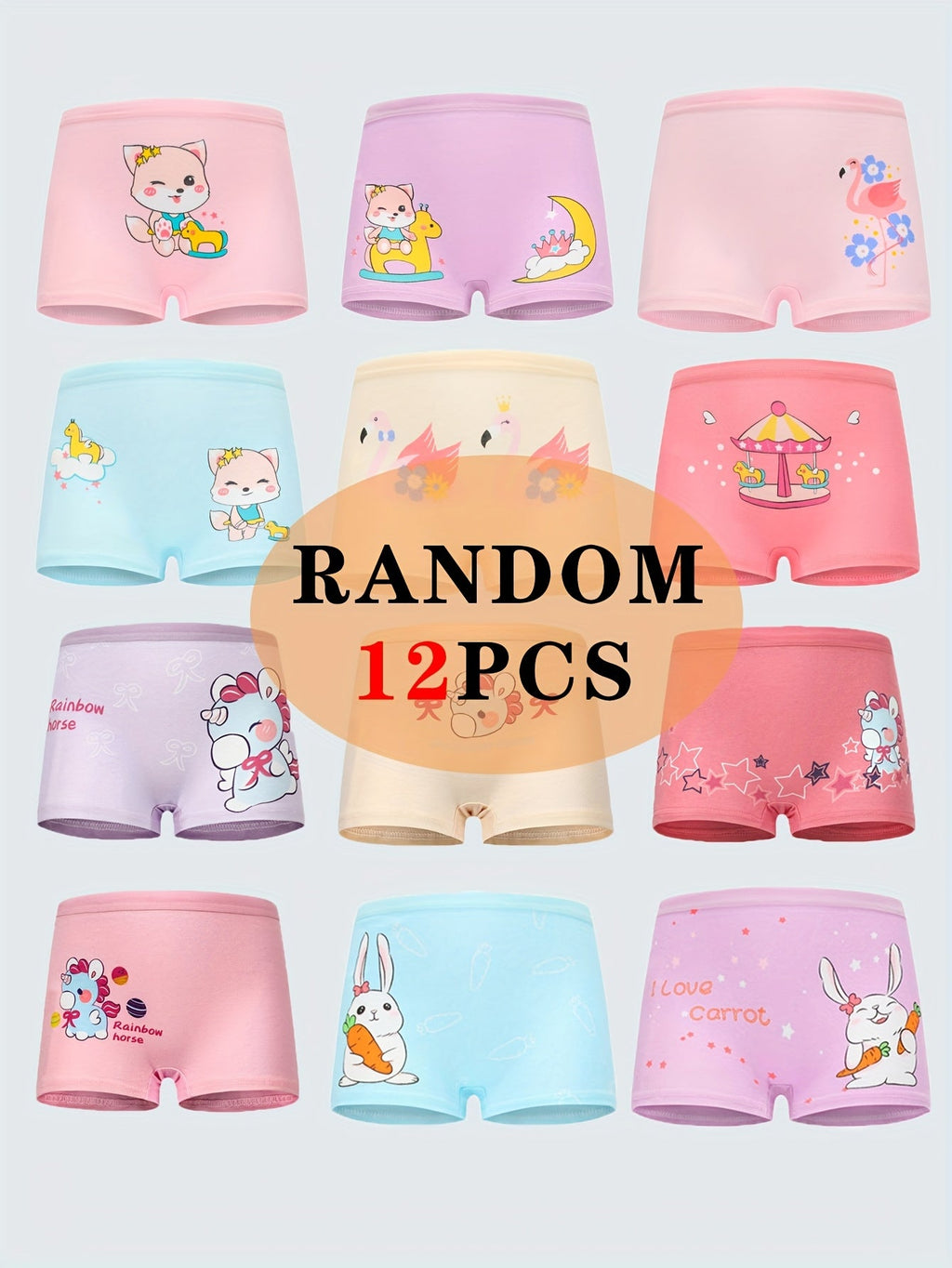 Girls' Cartoon Boxer Briefs 12-Pack in Assorted Colors with Short Legs for Everyday Underwear Changes