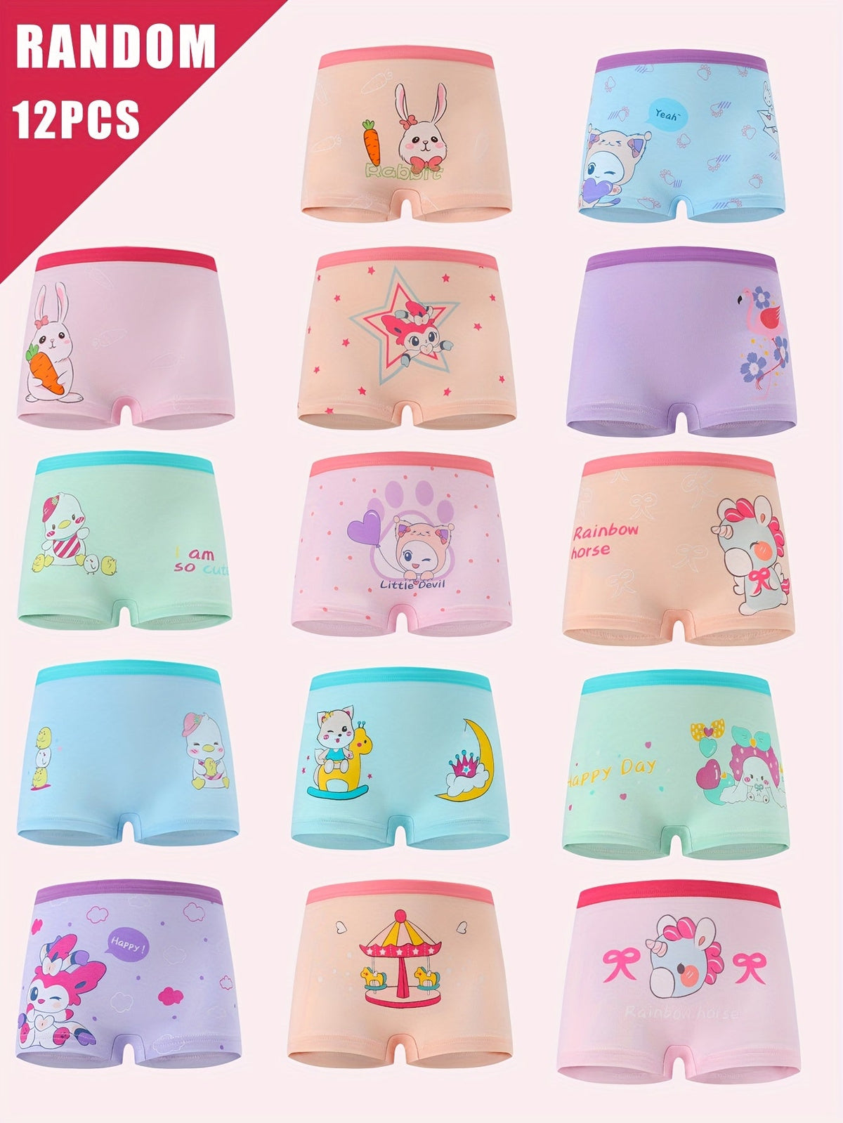 Girls' Cartoon Boxer Briefs 12-Pack with Elastic Waists and Random Pastel Designs for Everyday Underwear