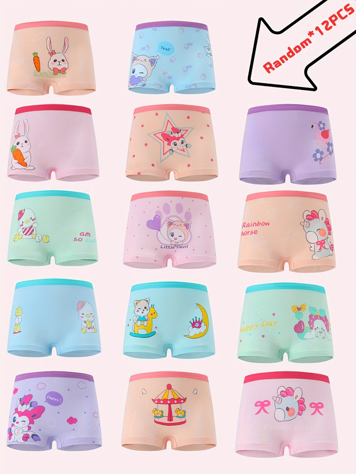Girls' Cartoon Boxer Briefs 12-Pack with Elastic Waists and Random Pastel Designs for Everyday Underwear