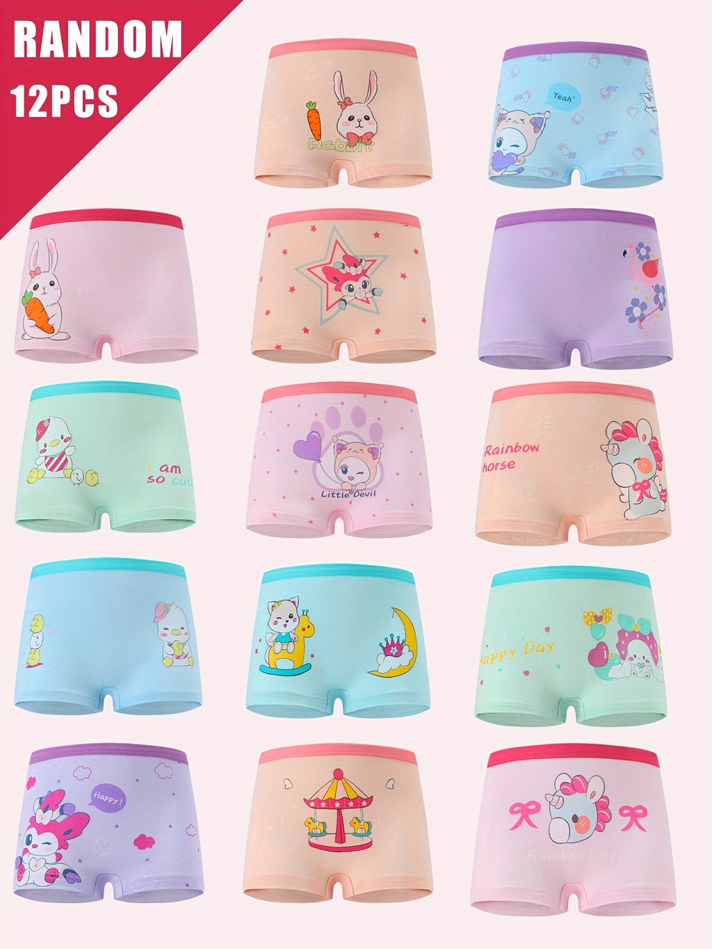 Girls' Cartoon Boxer Briefs 12-Pack with Elastic Waists and Random Pastel Designs for Everyday Underwear