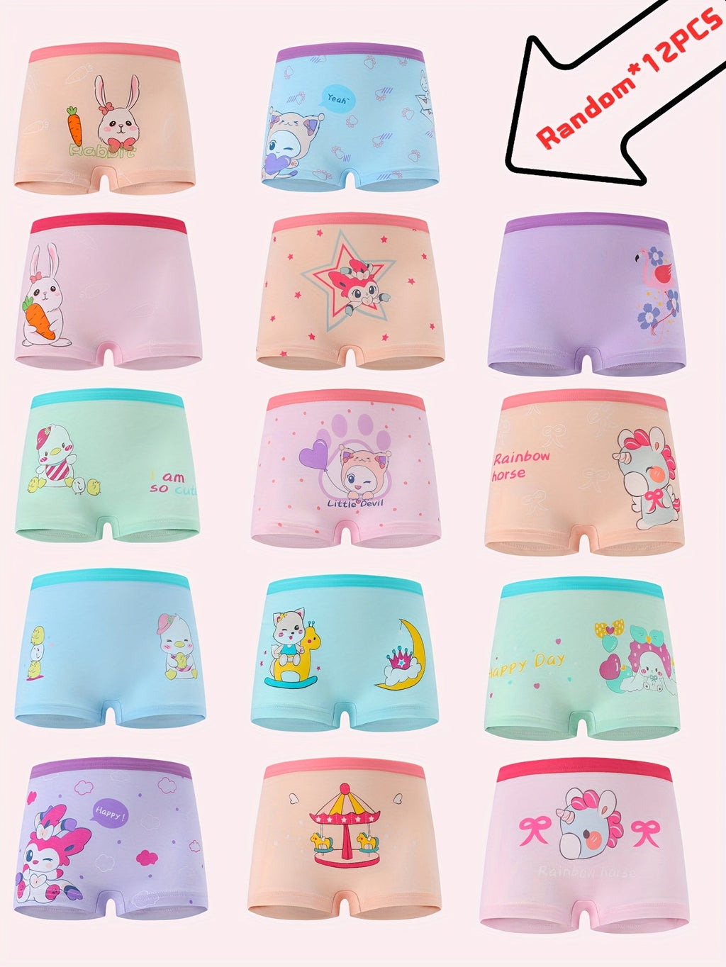 Girls' Cartoon Boxer Briefs 12-Pack with Elastic Waists and Random Pastel Designs for Everyday Underwear
