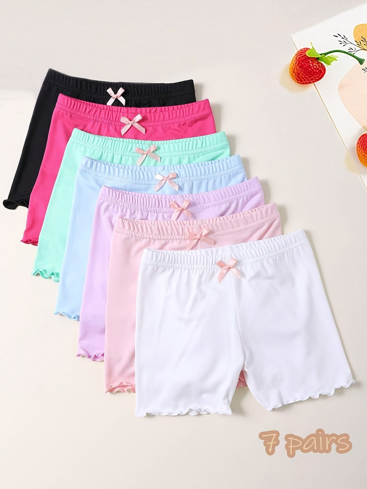 Girls' Seven-Pack Boxer Briefs with Bow Details and Lettuce Hems in Solid Colors for Everyday Layering