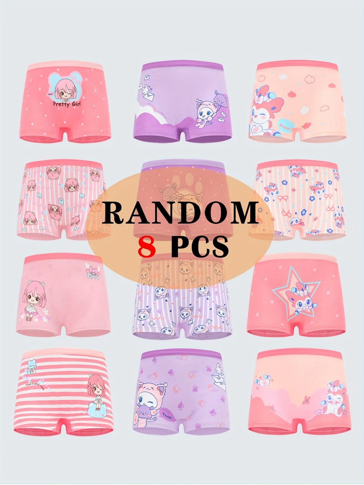 Girls' Cotton Boxer Briefs Eight Pack with Random Animal and Cartoon Prints for Daily Underwear Changes