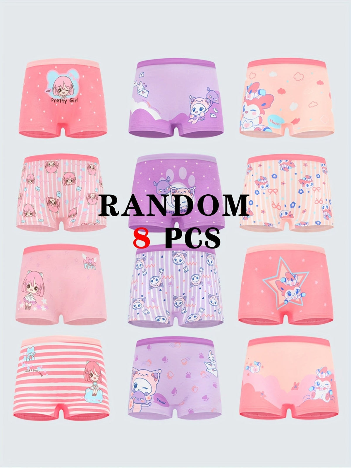 Girls' Cotton Boxer Briefs Eight Pack with Random Animal and Cartoon Prints for Daily Underwear Changes