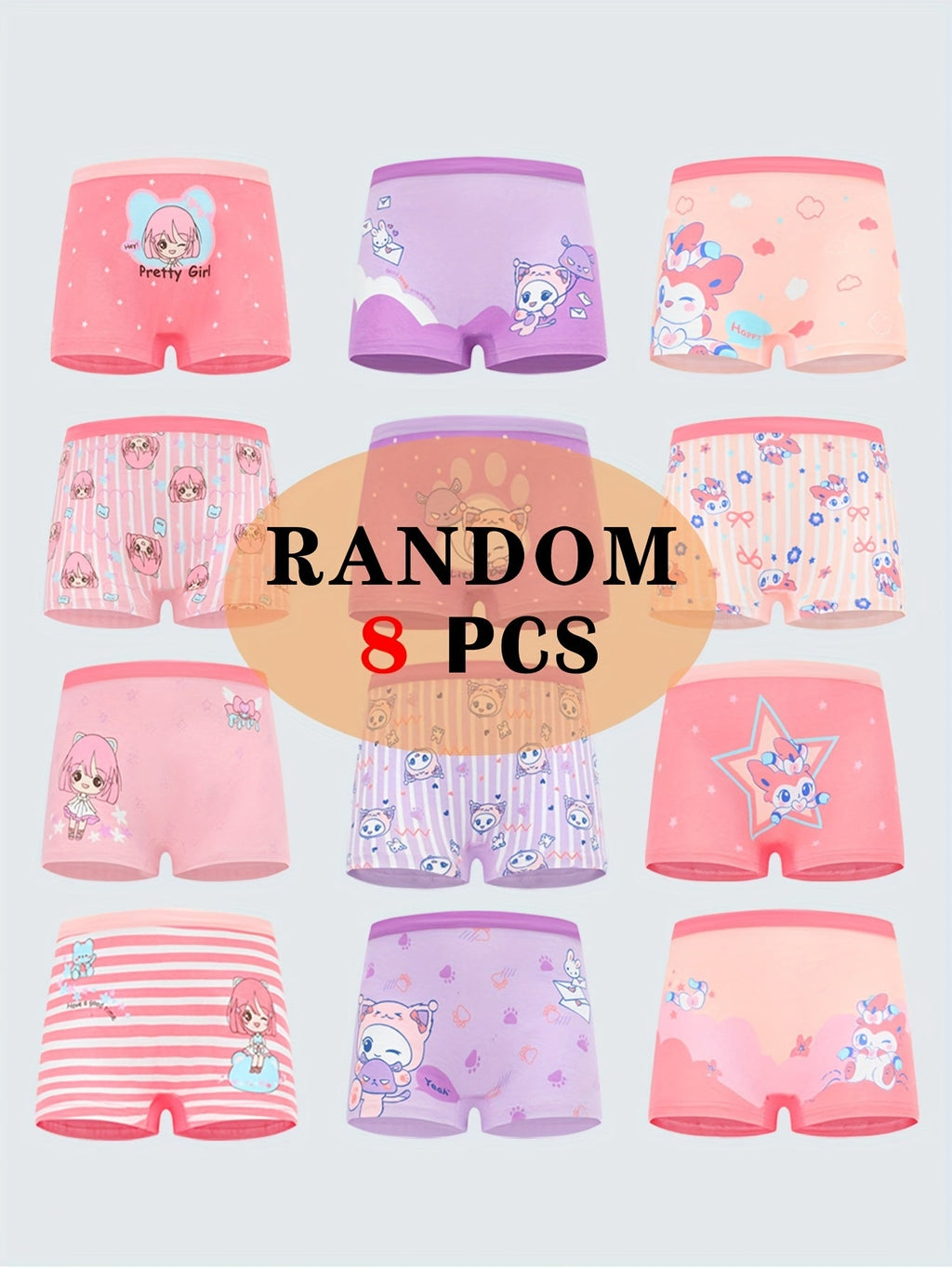 Girls' Cotton Boxer Briefs Eight Pack with Random Animal and Cartoon Prints for Daily Underwear Changes