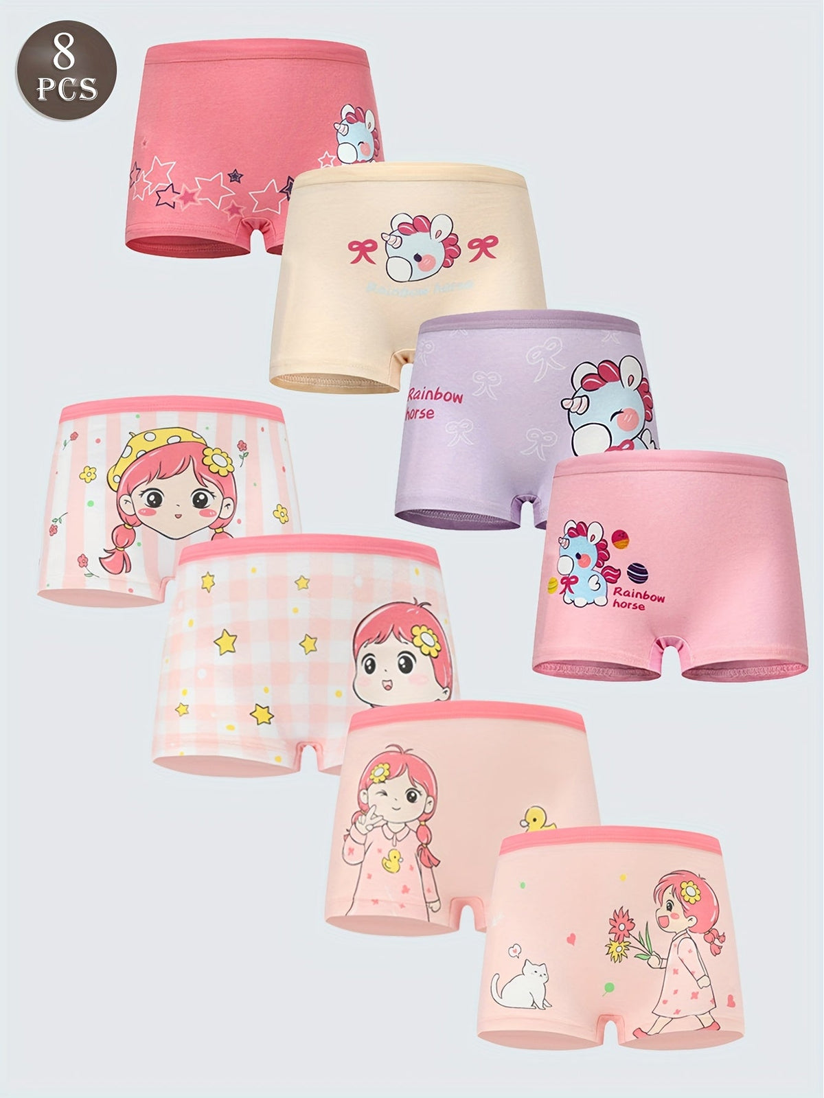 Girls' Cotton Boxer Briefs Eight Pack in Pink and Pastel Shades with Cartoon Girl and Animal Prints