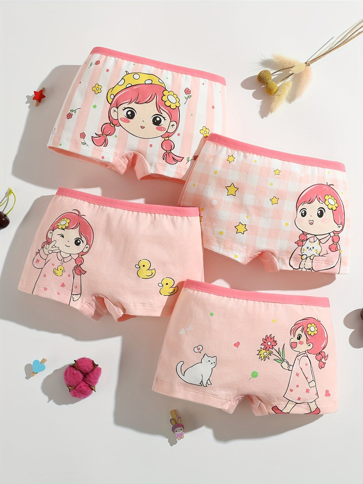 Girls' Cotton Boxer Briefs Eight Pack in Pink and Pastel Shades with Cartoon Girl and Animal Prints
