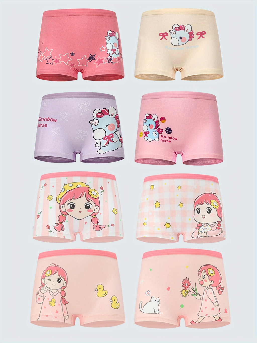 Girls' Cotton Boxer Briefs Eight Pack in Pink and Pastel Shades with Cartoon Girl and Animal Prints