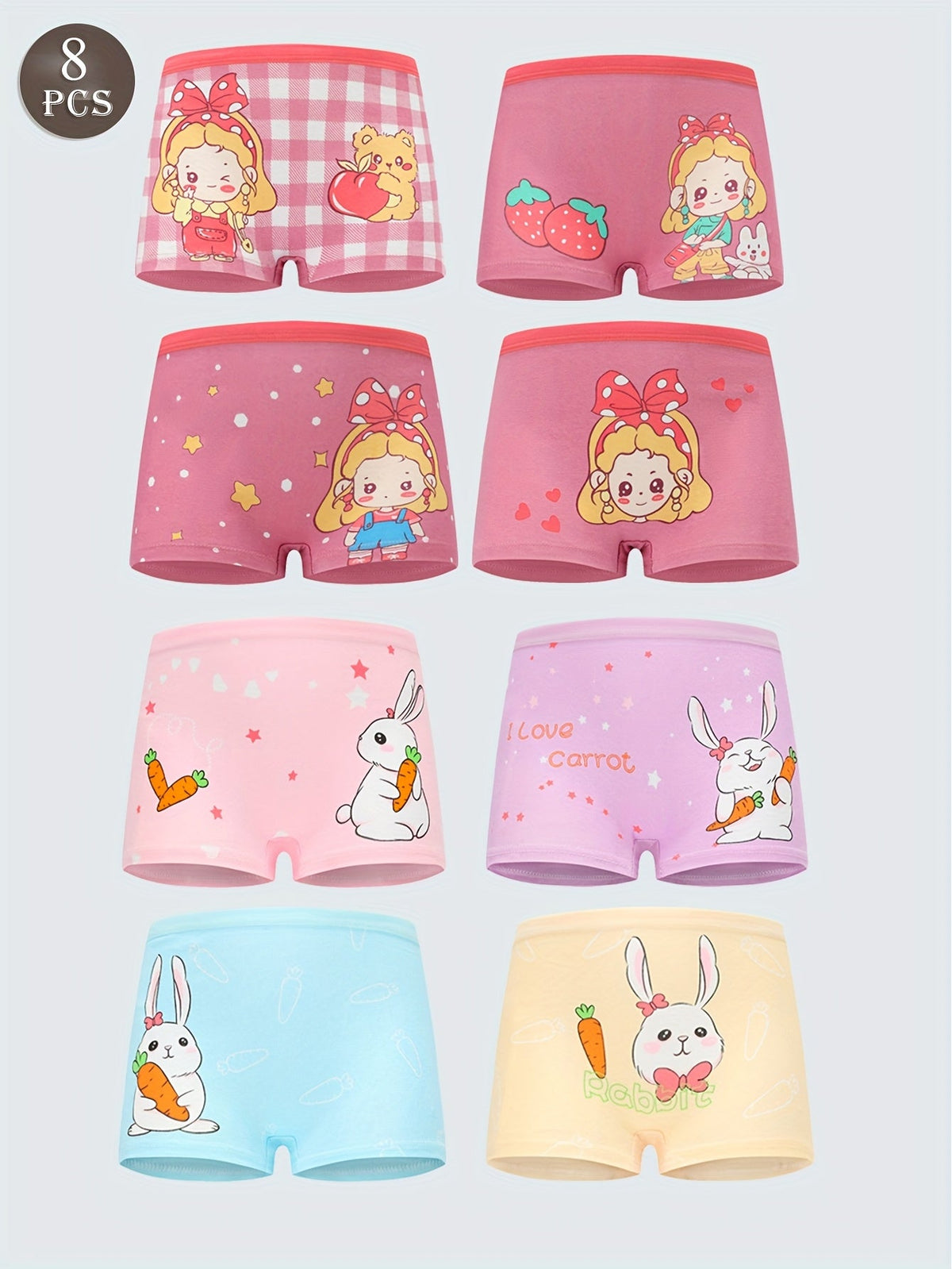 Girls' Cotton Boxer Briefs 8-Pack with Rabbit and Cartoon Girl Prints for Everyday Underwear Changes