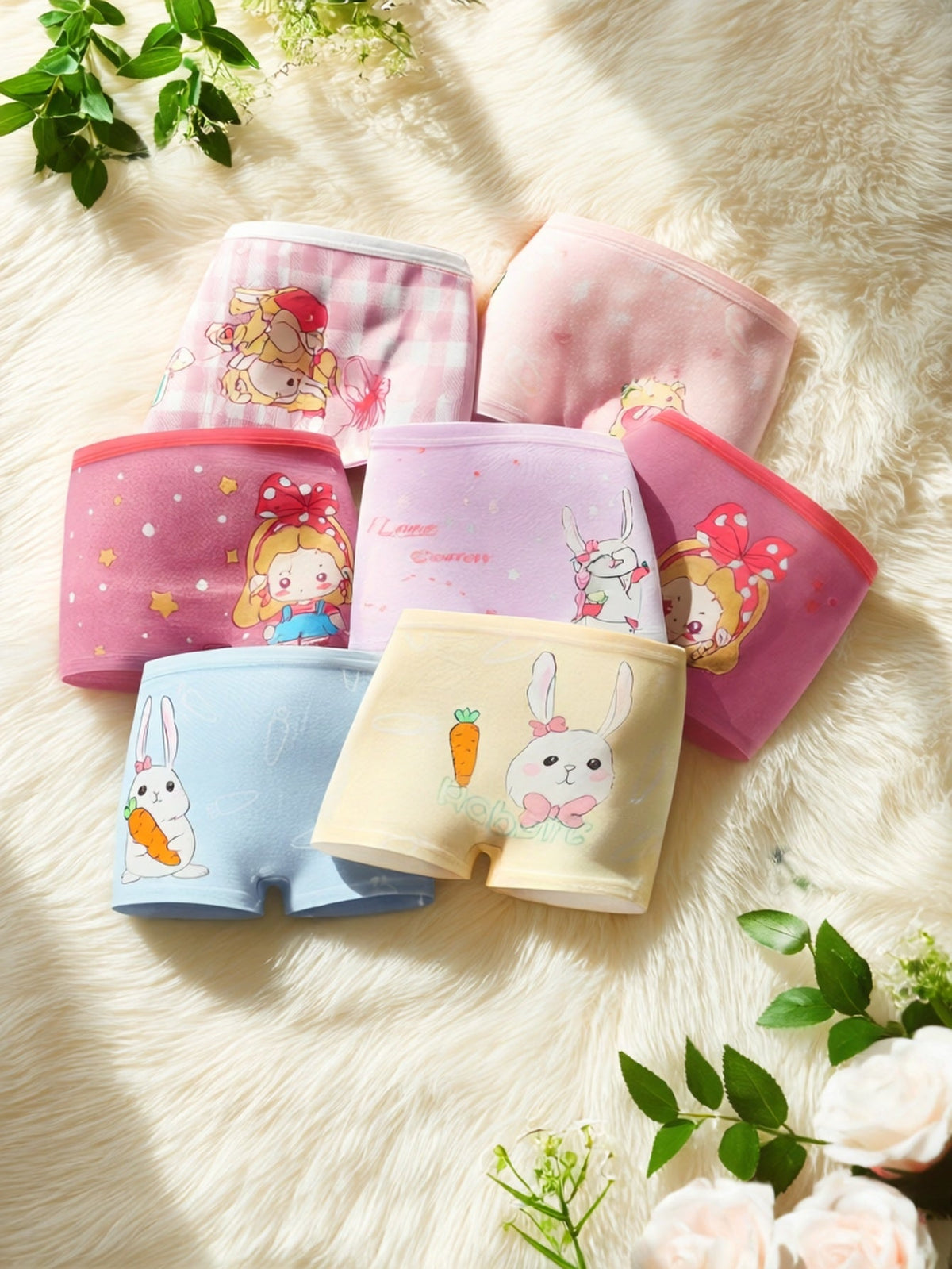 Girls' Cotton Boxer Briefs 8-Pack with Rabbit and Cartoon Girl Prints for Everyday Underwear Changes