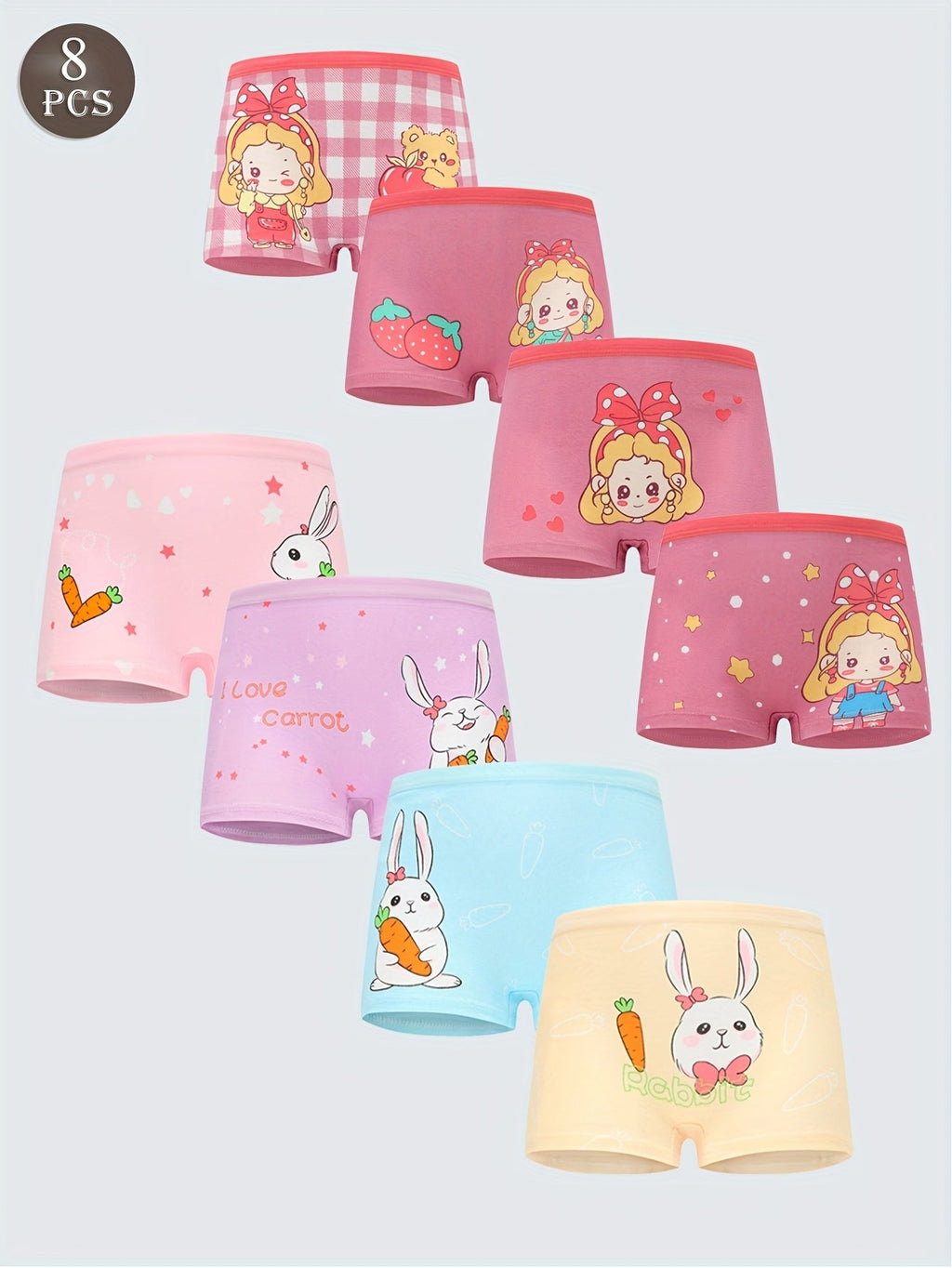 Girls' Cotton Boxer Briefs 8-Pack with Rabbit and Cartoon Girl Prints for Everyday Underwear Changes