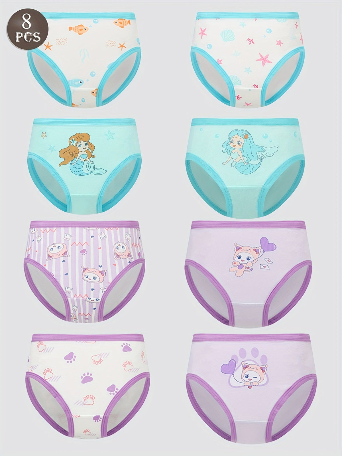 Girls' Cotton Briefs in an Eight Piece Pack with Mermaid and Cartoon Prints for Daily Underwear Changes