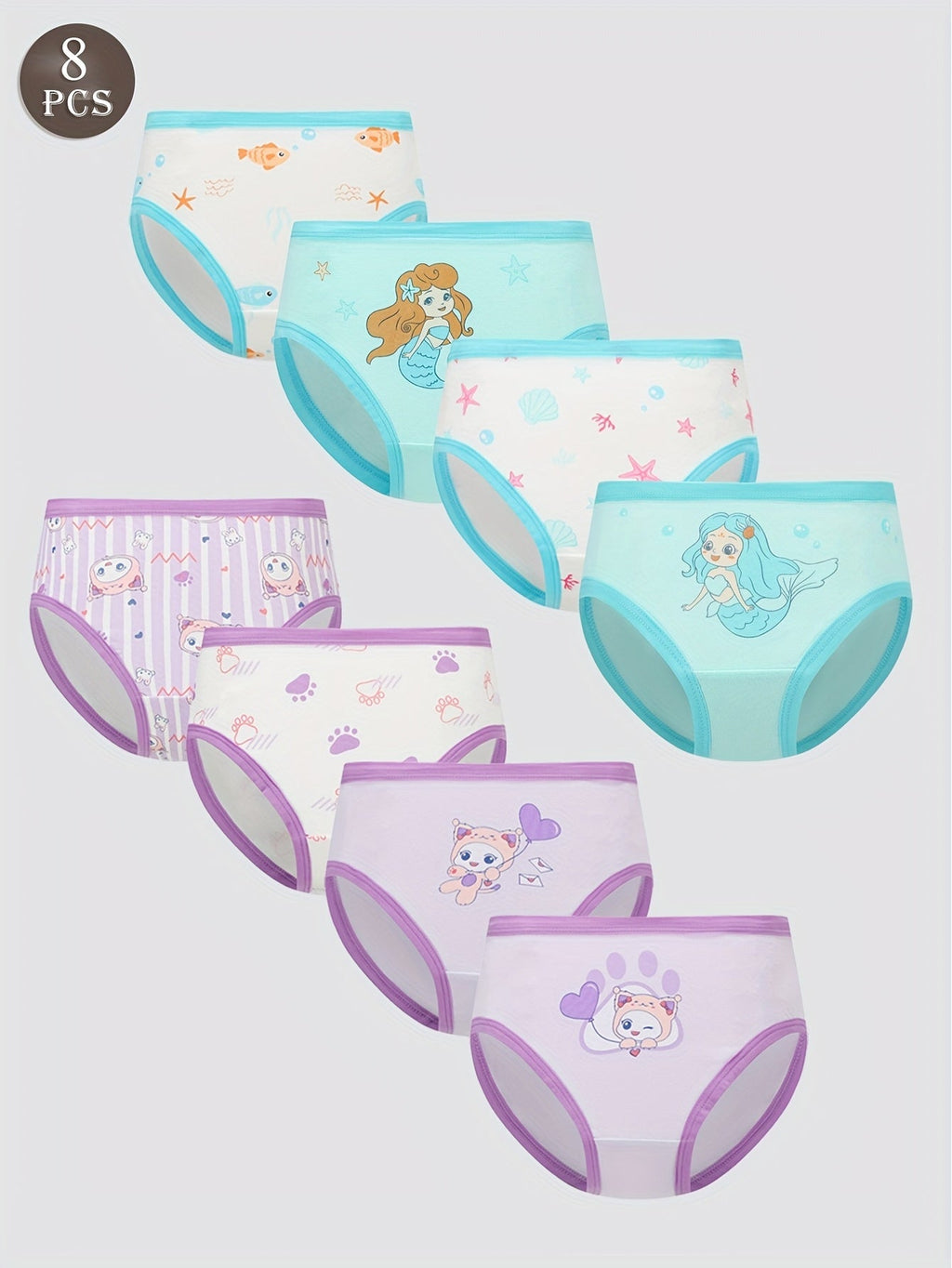 Girls' Cotton Briefs in an Eight Piece Pack with Mermaid and Cartoon Prints for Daily Underwear Changes