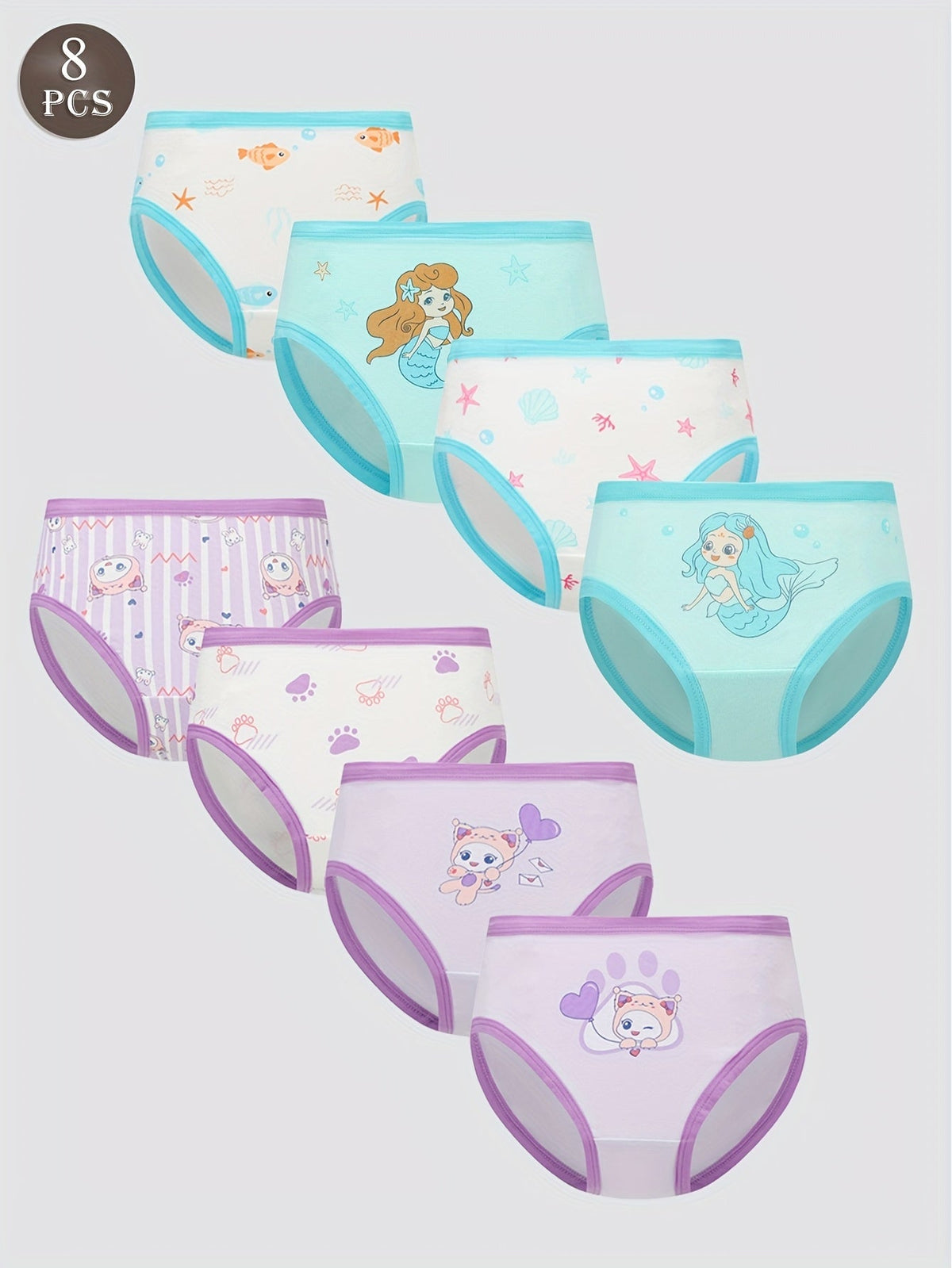 Girls' Cotton Briefs in an Eight Piece Pack with Mermaid and Cartoon Prints for Daily Underwear Changes