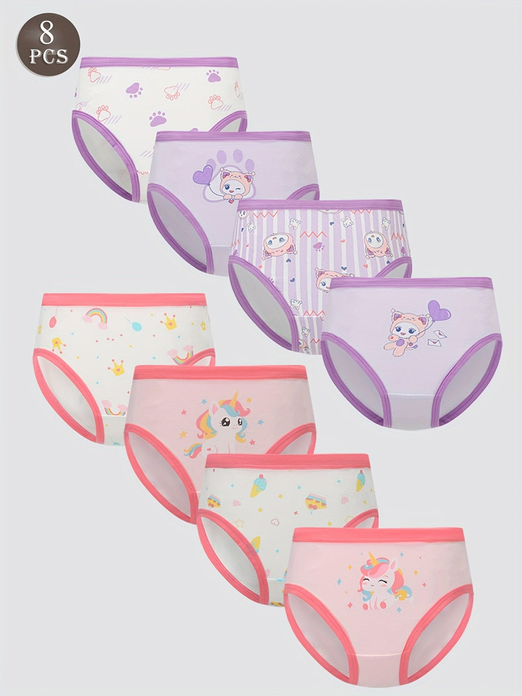 Girls' Eight-Pack Cartoon Briefs with Pink and Purple Trim in a Mixed Assortment for Everyday Changes