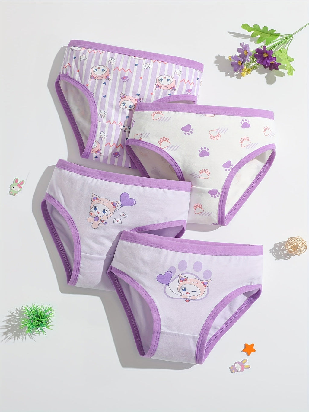 Girls' Eight-Pack Cartoon Briefs with Pink and Purple Trim in a Mixed Assortment for Everyday Changes