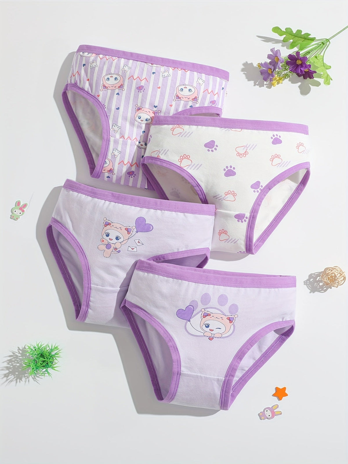 Girls' Eight-Pack Cartoon Briefs with Pink and Purple Trim in a Mixed Assortment for Everyday Changes