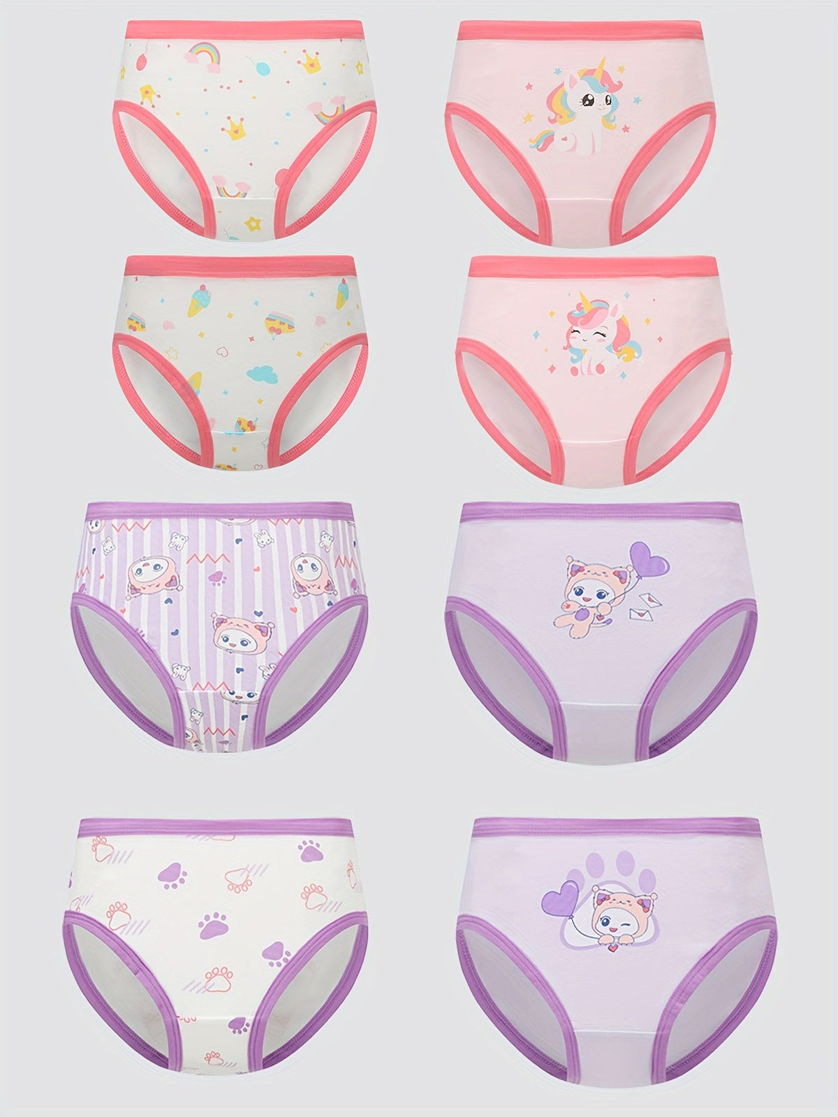 Girls' Eight-Pack Cartoon Briefs with Pink and Purple Trim in a Mixed Assortment for Everyday Changes