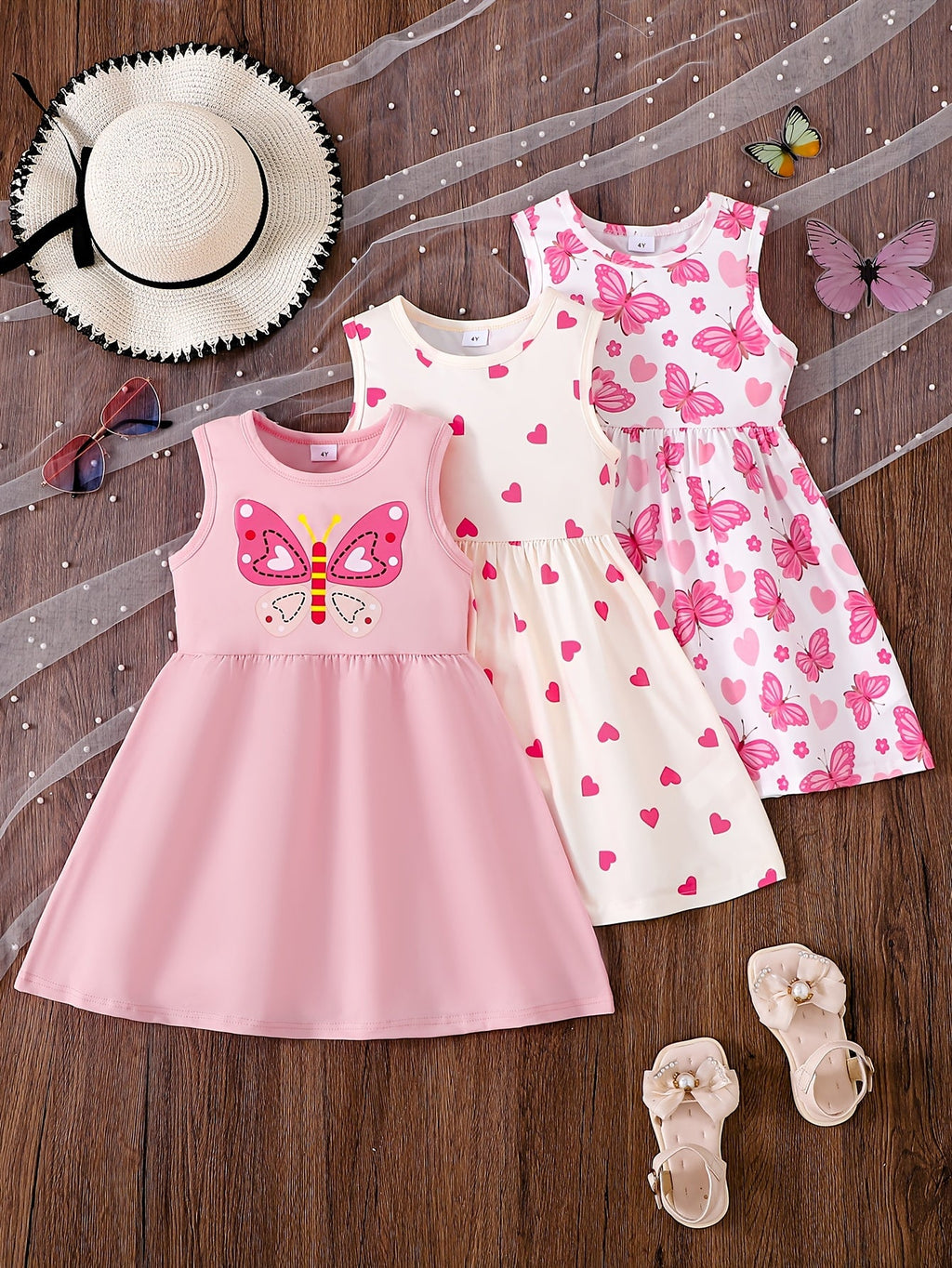 Girls' Three-Pack Sleeveless Dresses with Pink Butterfly and Heart Prints for Everyday Summer Outfits