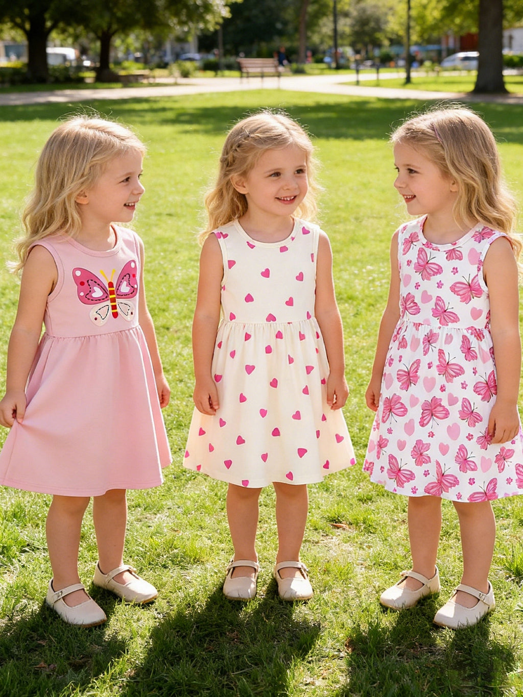 Girls' Three-Pack Sleeveless Dresses with Pink Butterfly and Heart Prints for Everyday Summer Outfits