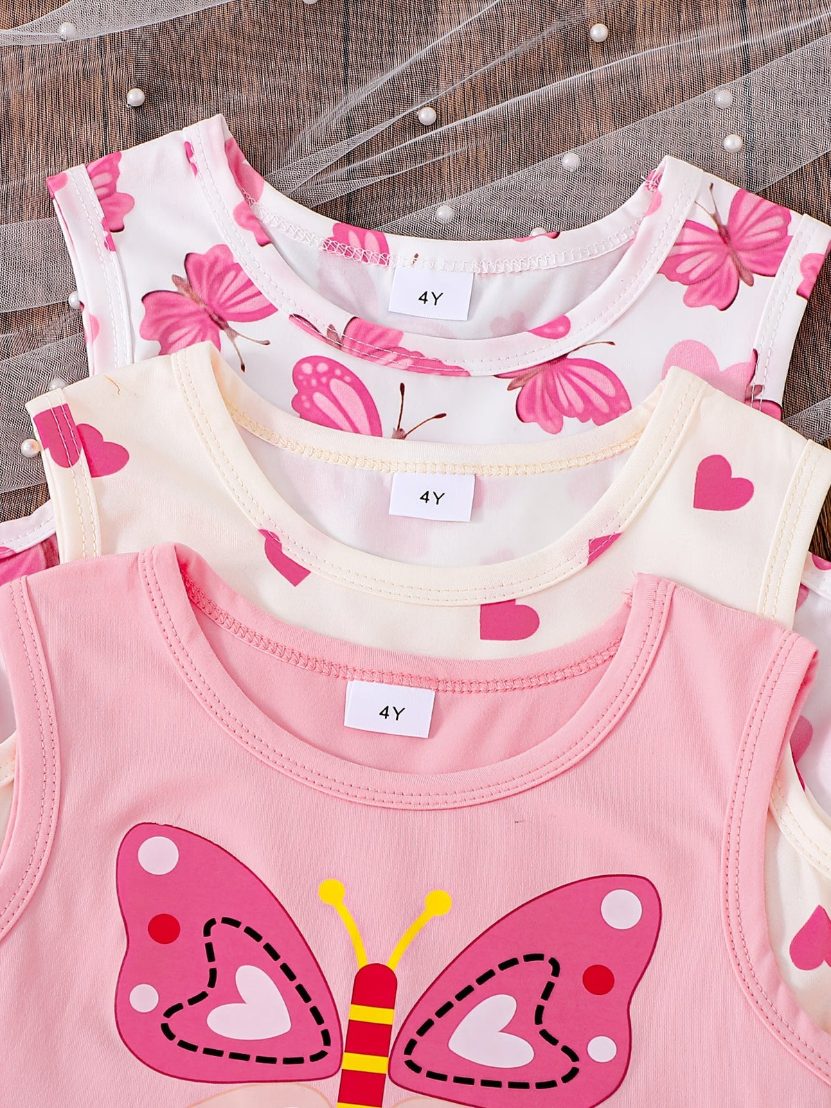 Girls' Three-Pack Sleeveless Dresses with Pink Butterfly and Heart Prints for Everyday Summer Outfits
